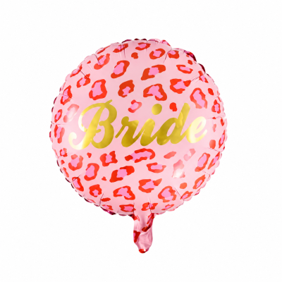 Balão redondo rosa com manchas vermelhas e texto dourado Bride