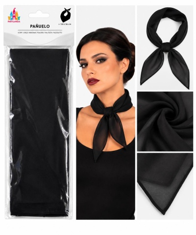 Lenço preto fino e translúcido com embalagem e modelo a usar no pescoço