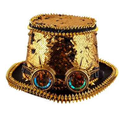 Chapéu cartola dourado com lantejoulas e óculos steampunk