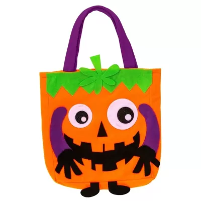 Saco de tecido laranja com decoração de abóbora de Halloween colorida