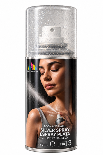 Lata de spray prata para corpo e cabelo com imagem de mulher a aplicar o produto no ombro.