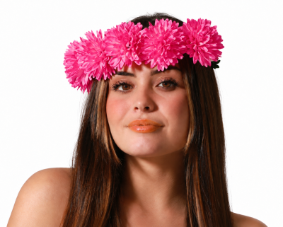 Mulher com coroa de flores cor-de-rosa