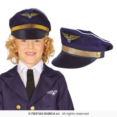 Chapéu de piloto infantil azul escuro com emblema de estrela e asas douradas