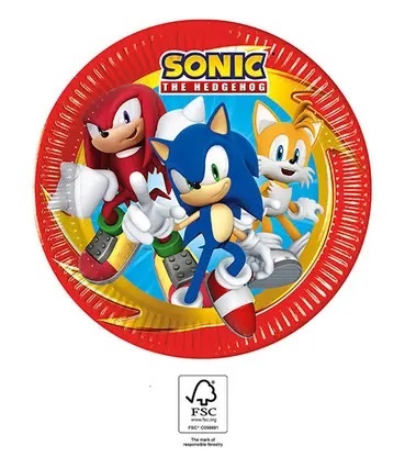 Prato de papel vermelho com a imagem dos personagens Sonic the Hedgehog