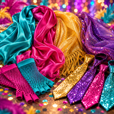 Acessórios de festa coloridos com lenços, luvas de rede e gravatas brilhantes e coloridas