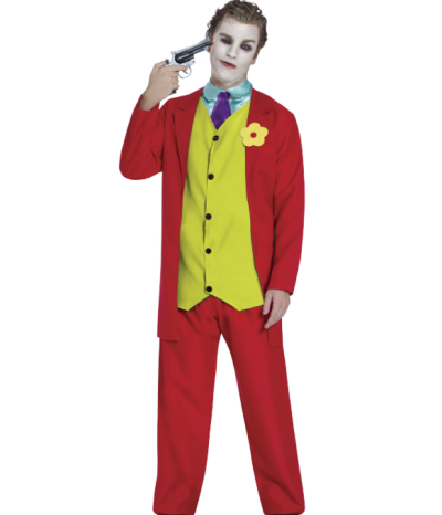 Fantasia masculina com fato vermelho e colete amarelo, modelo com maquilhagem e arma de brinquedo