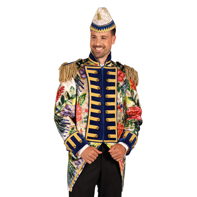 Casaco militar masculino floral com detalhes dourados e chapéu branco