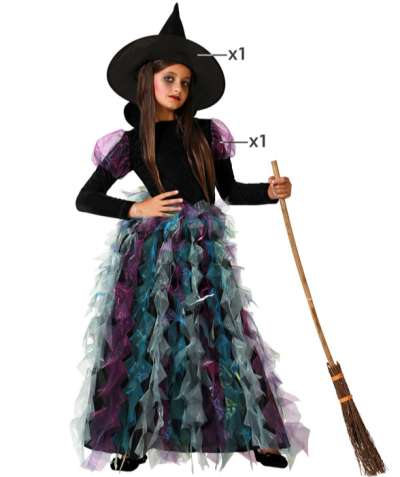 Vestido de bruxa para criança com saia de tule colorido e chapéu preto grande