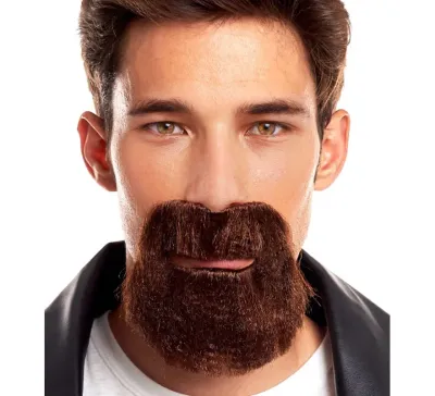 Homem com peruca de barba castanha sintética cobrindo a boca