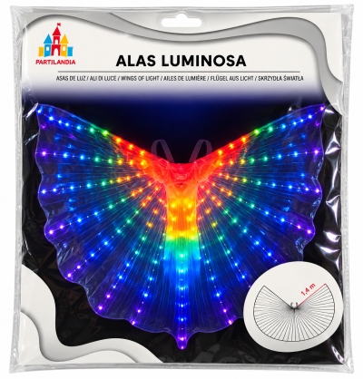 Asas luminosas coloridas embalada em plástico com etiqueta da marca PARTILANDIA
