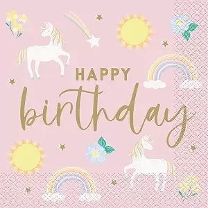 Guardanapo rosa com unicórnios, arco-íris, estrelas e texto HAPPY birthday