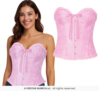 Corpete rosa feminino com laço e babados, mulher sorridente com pintura facial
