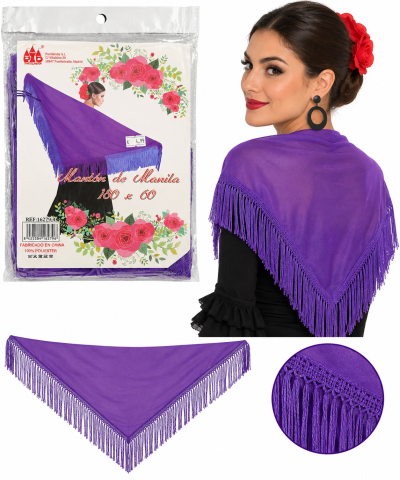 Xale triangular roxo com franjas e embalagem com etiqueta informativa