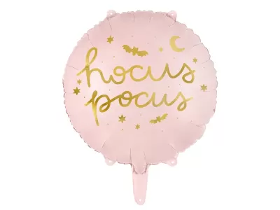 Balão redondo cor-de-rosa com texto dourado hocus pocus e decorativos dourados
