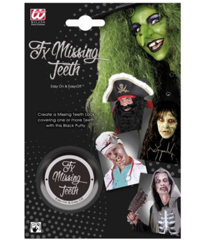 Produto Fx Missing Teeth para disfarce, embalagem preta com texto e imagens de personagens assustadores