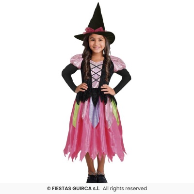 Roupa de bruxa infantil com vestido colorido e chapéu preto