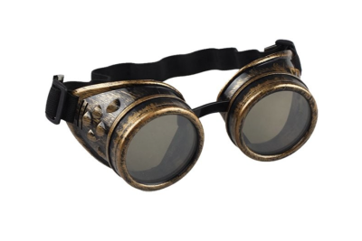 Óculos estilo steampunk com armação metálica dourada envelhecida e banda preta ajustável