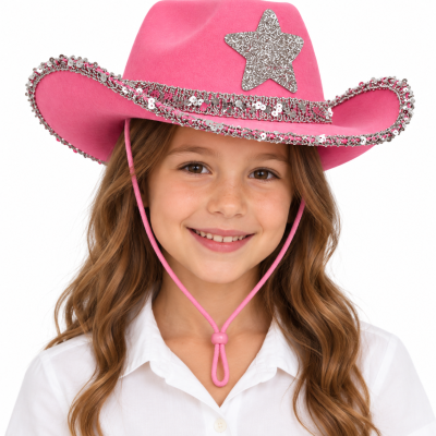 Chapéu de cowboy cor-de-rosa para criança com decoração em lantejoulas e estrela prateada
