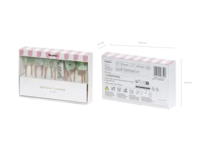 caixa de velas de aniversário em verde e branco com suportes de madeira