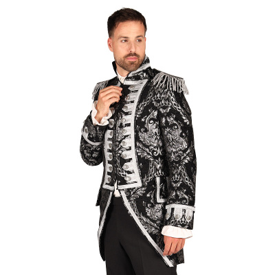 Casaco vintage masculino preto e prata com padrão floral e detalhes prateados