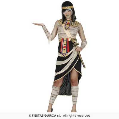 fato egípcio feminino com cetro dourado em fundo branco