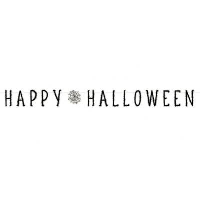 Letreiro decorativo preto com texto HAPPY HALLOWEEN e teia de aranha no centro