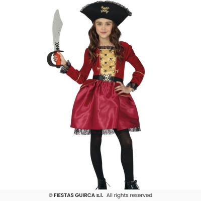 Fato de pirata infantil vermelho e dourado com chapéu e espada de brinquedo