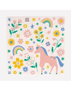 Guardanapo com padrão colorido de unicórnio, flores, estrelas e arco-íris