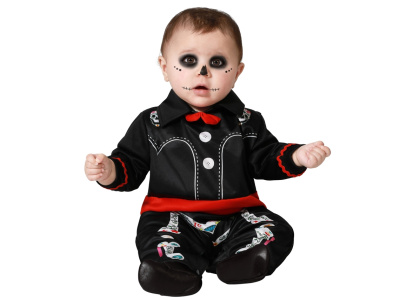 Bebé com fato preto de Halloween e maquilhagem de caveira sentado