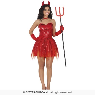 Fantasia de diabinha vermelha para mulher com acessórios e tridente.