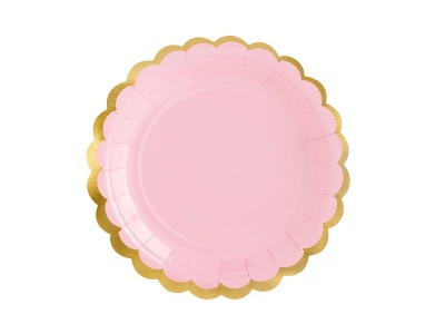 Prato descartável rosa com borda dourada