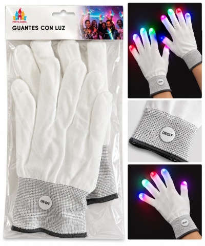 Luvas brancas com luzes coloridas nas pontas dos dedos