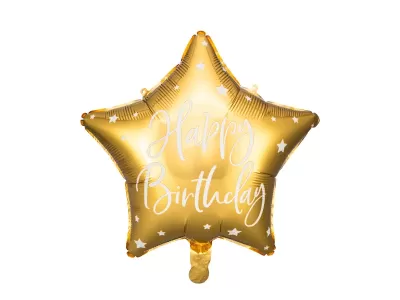 Balão foil estrela dourada com texto Happy Birthday