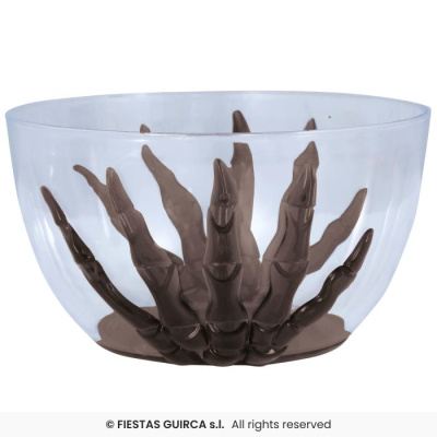 Taça transparente com mão esquelética castanha no interior