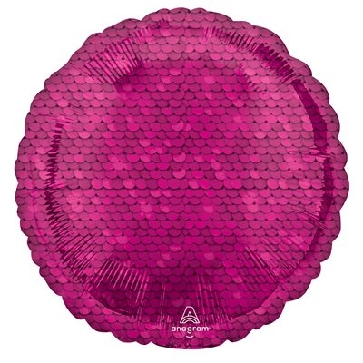 Balão redondo rosa metálico com padrão de escamas e logótipo anagram