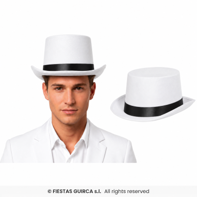 Chapéu cilindro branco com fita preta em modelo e isolado.