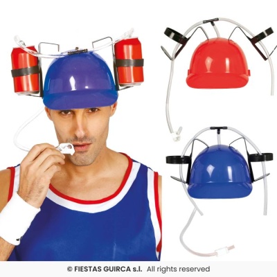 Chapéus plásticos para bebidas azul e vermelho com suporte para latas e canudo