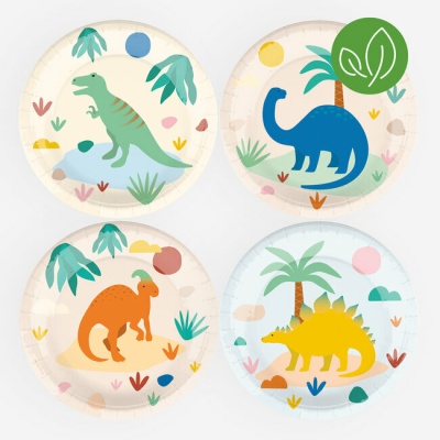 Pratos de papel com dinossauros coloridos e motivos naturais