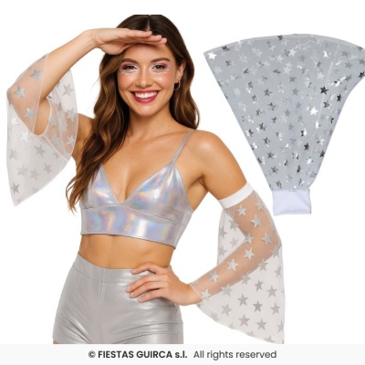 Manguito transparente branco com estrelas prateadas e punho elástico branco