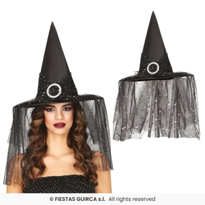 Chapéu de bruxa preto cónico com véu de tule e fivela prateada