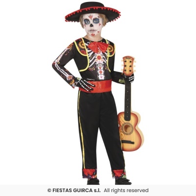 Fato infantil de esqueleto mexicano com chapéu e guitarra