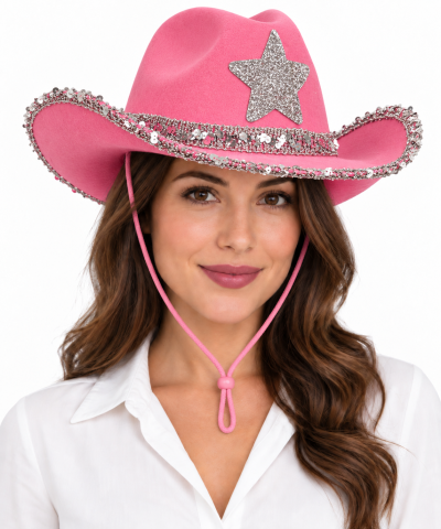 Chapéu cowboy rosa com decoração prateada e cordão rosa
