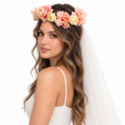 Coroa de flores rosa salmão e amarelo com véu branco e mulher com vestido branco.