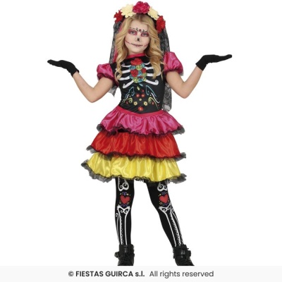 Fato de Catrina colorido para menina com saia em camadas e acessórios