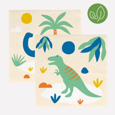 Toalhas quadradas com desenhos coloridos de dinossauros e plantas em fundo creme