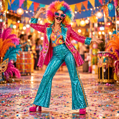 Pessoa vestida com roupa colorida e brilhante em festa decorada com bandeirolas e luzes