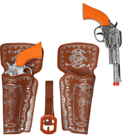 Conjunto de pistolas e pegas de brinquedo com desenhos de cowboys e detalhes em laranja e branco