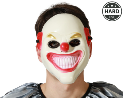 Máscara de palhaço branca com nariz vermelho e sorriso largo