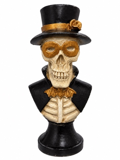 Busto de esqueleto com chapéu de copa e casaco preto.
