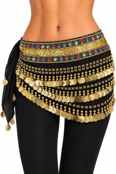 Cinto de dança preto com ornamentos dourados e moedas penduradas